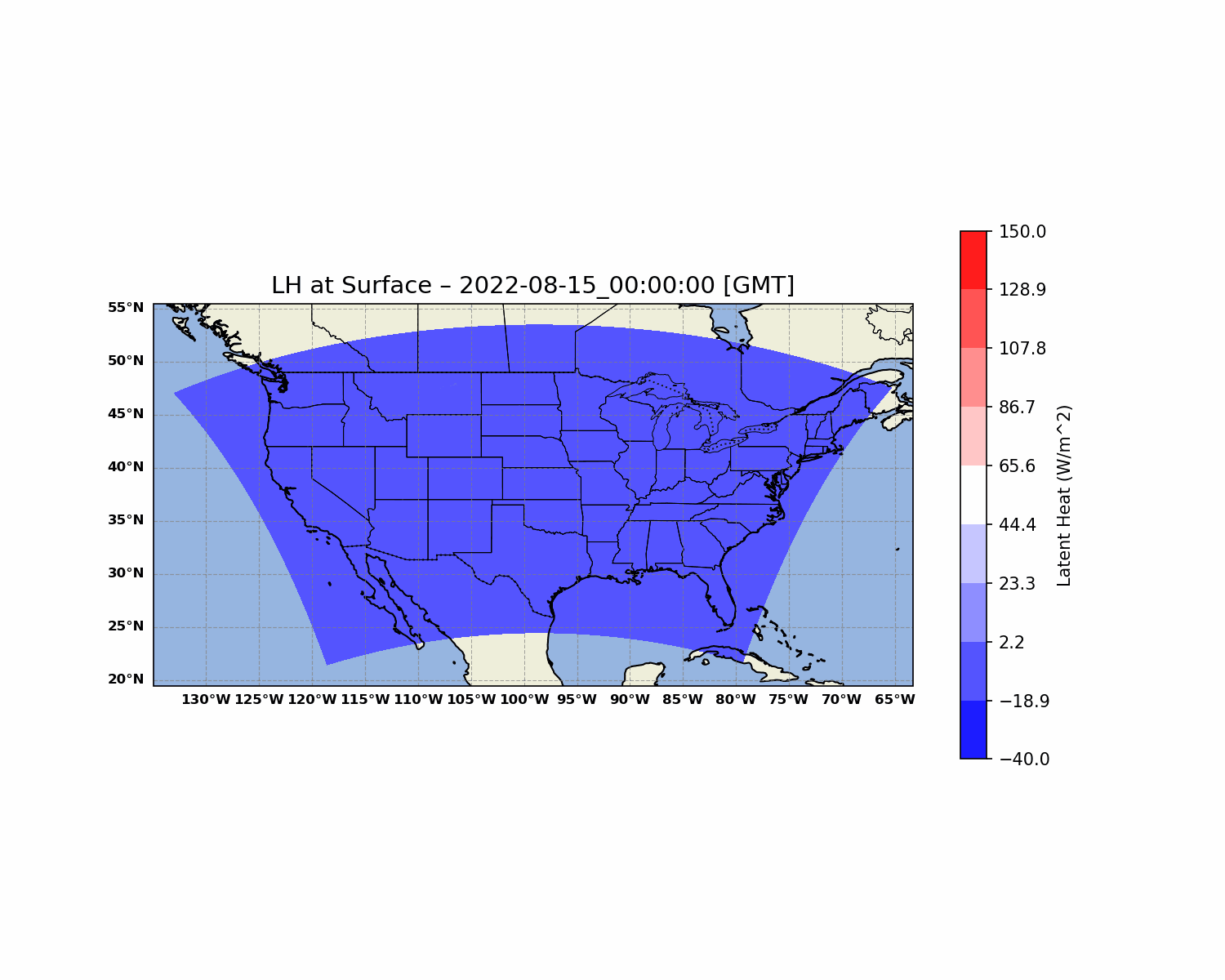 Original animated WRF map of surface latent heat flux, with geographic boundaries, timestamp, and color scale.