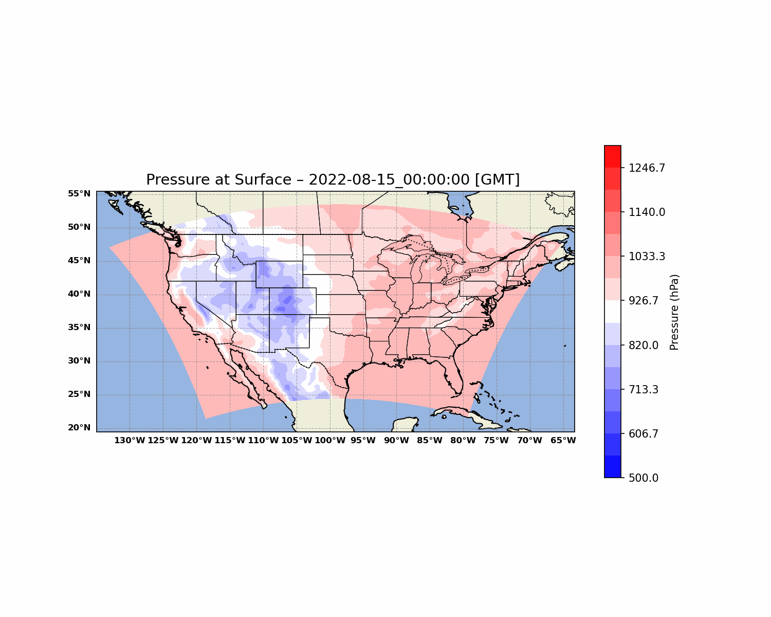 Original animated WRF map of surface pressure, with geographic boundaries, timestamp, and color scale.