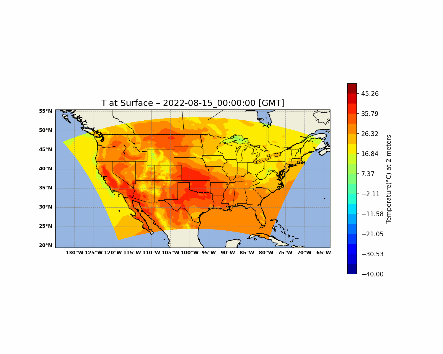 Original animated WRF map of two-meter temperature, with geographic boundaries, timestamp, and color scale.