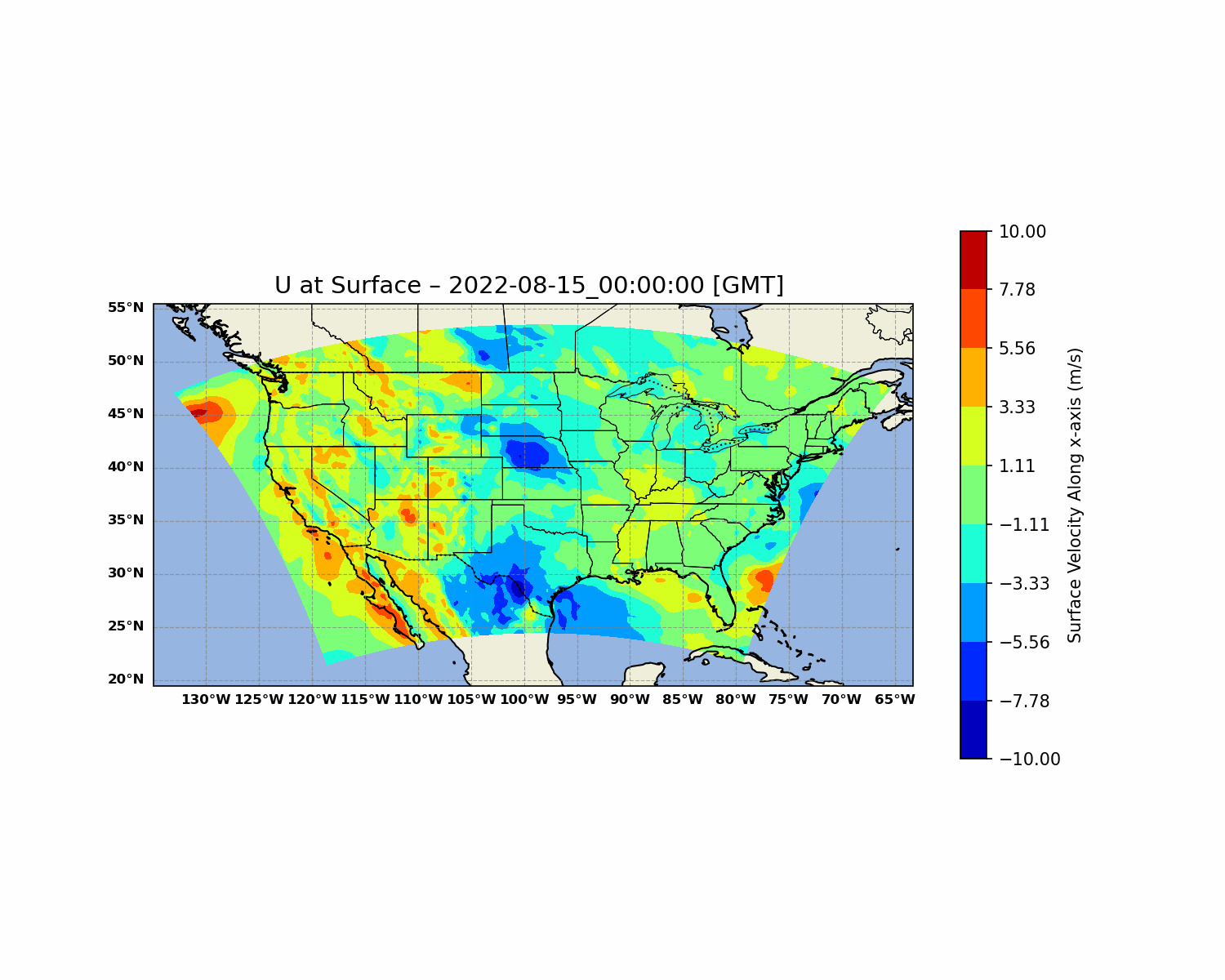 Original animated WRF map of u10 wind component, with geographic boundaries, timestamp, and color scale.