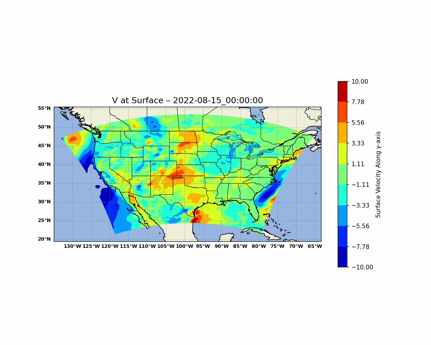 Original animated WRF map of v10 wind component, with geographic boundaries, timestamp, and color scale.