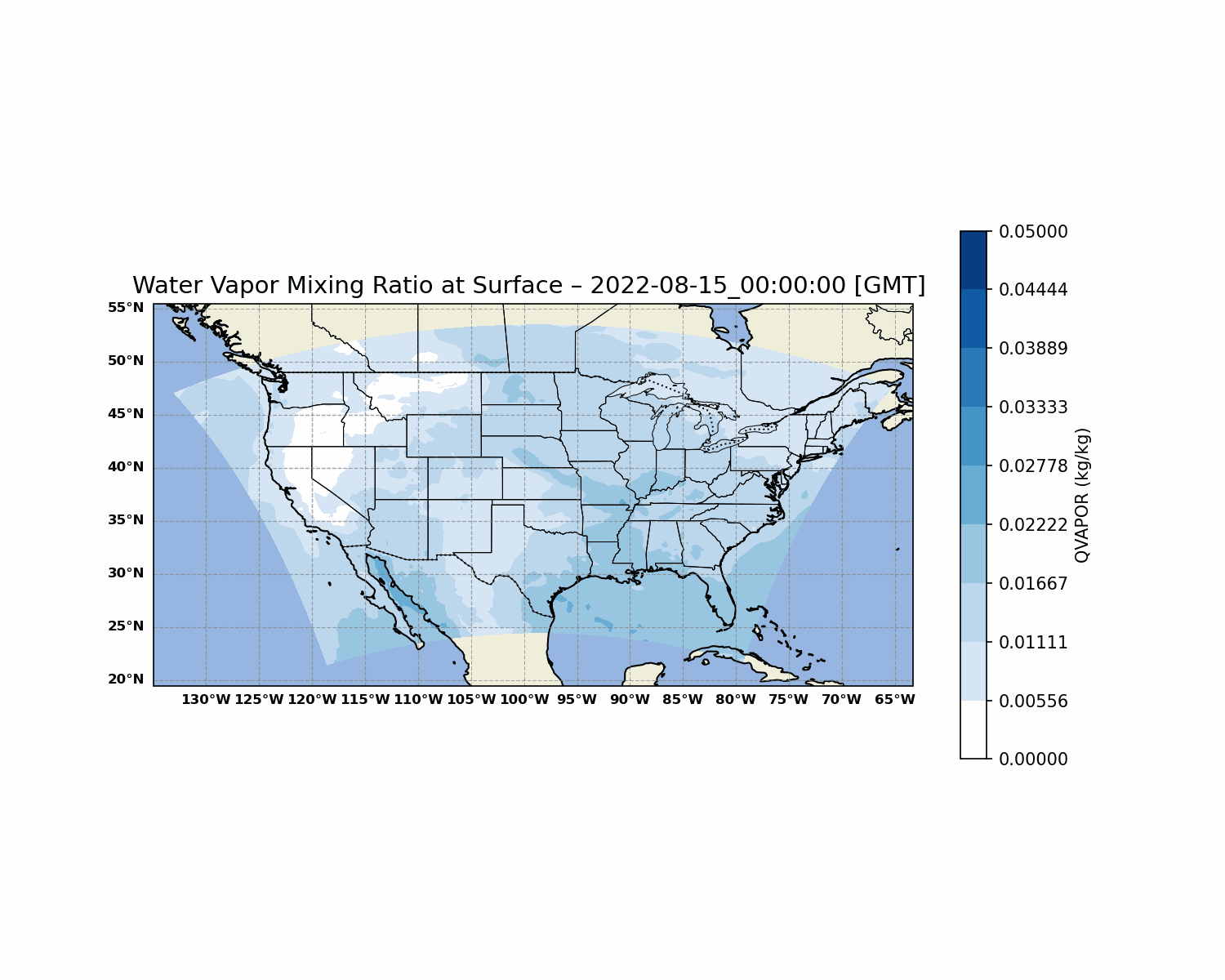 Original animated WRF map of water-vapor mixing ratio, with geographic boundaries, timestamp, and color scale.