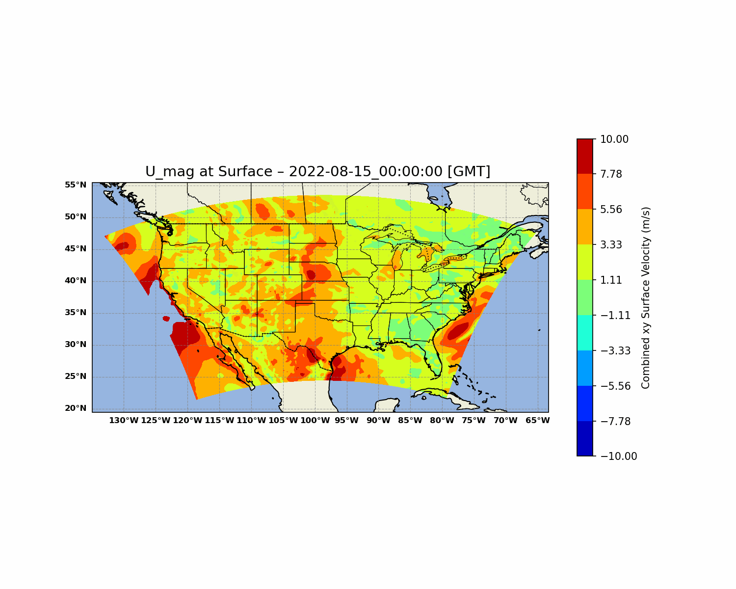 Original animated WRF map of ten-meter wind-speed magnitude, with geographic boundaries, timestamp, and color scale.
